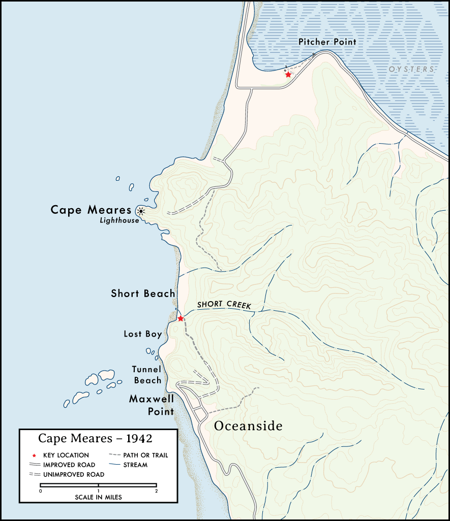 Map of Cape Meares (including Oceanside, Pitcher Point, and the southern end of Bayocean), circa 1942