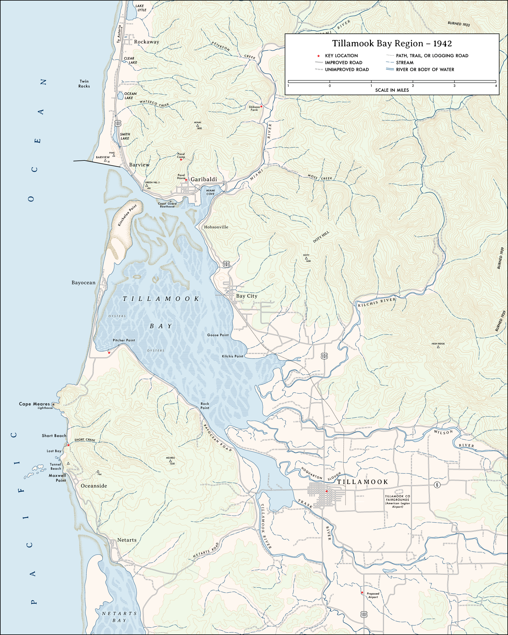 Map of Tillamook Bay and Surrounding Areas in 1942